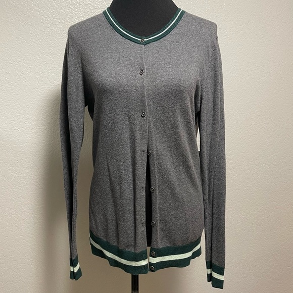 A new day crewneck grey w green trim button down cardigan medium - Picture 1 of 8